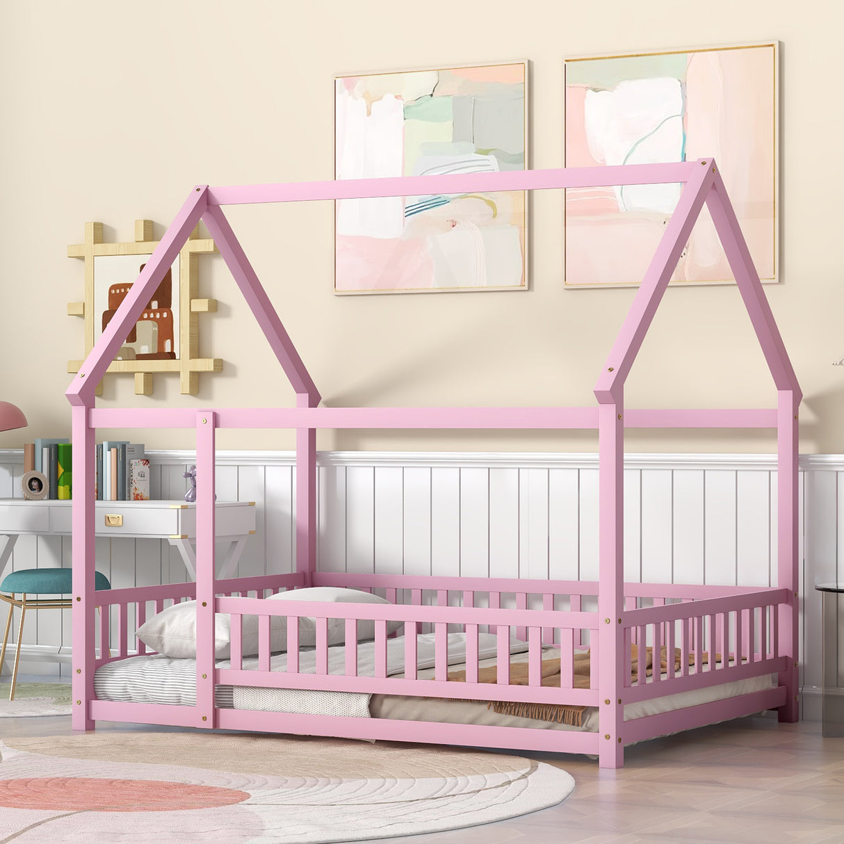 Full Size Floor Wooden Bed with House Roof Frame, Fence Guardrails ,Pink - V.I.P Digital Presence