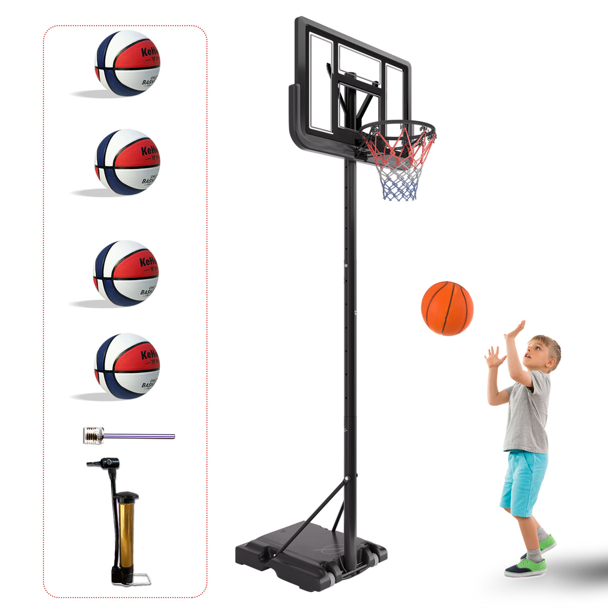 Basketball Hoop Basketball System 4.76-10ft Height Adjustable with 4 Basketball, Net Pocket, Inflator Set - V.I.P Digital Presence