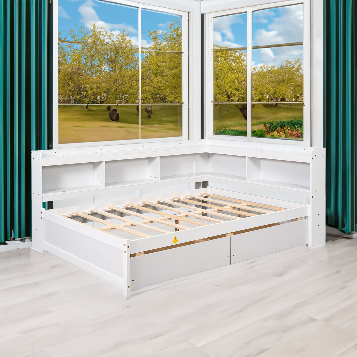 Full Bed with L-shaped Bookcases, Drawers ,White - V.I.P Digital Presence