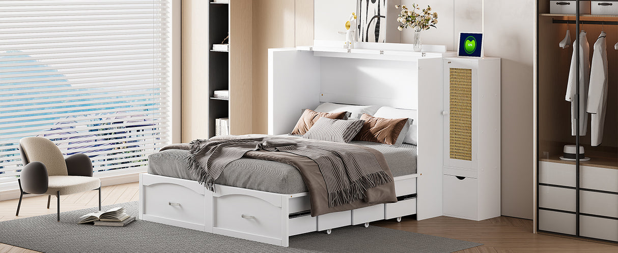 Large Murphy bed wall mounted bed with drawers, 2 storage cabinets, 1 set of sockets and USB ports, white - V.I.P Digital Presence