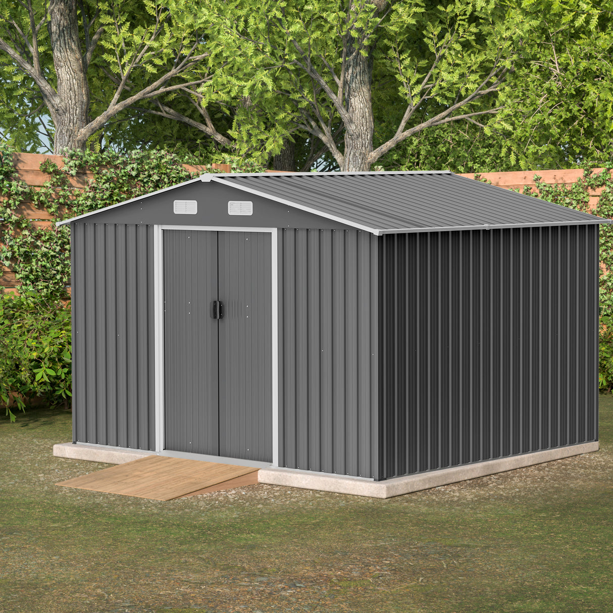 10X8 FT outdoor tool storage shed with metal foundation and lockable door, all-weather metal shed, gray - V.I.P Digital Presence