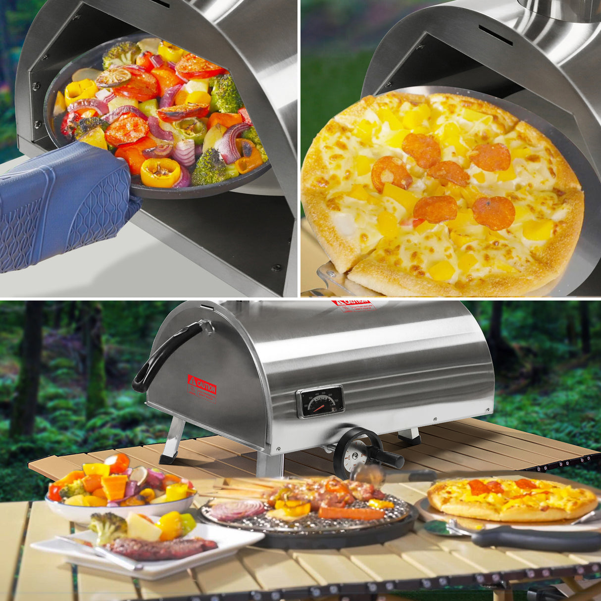 Silver Pizza Oven Outdoor 12" Semi-Automatic Rotatable Pizza Ovens Portable Stainless Steel