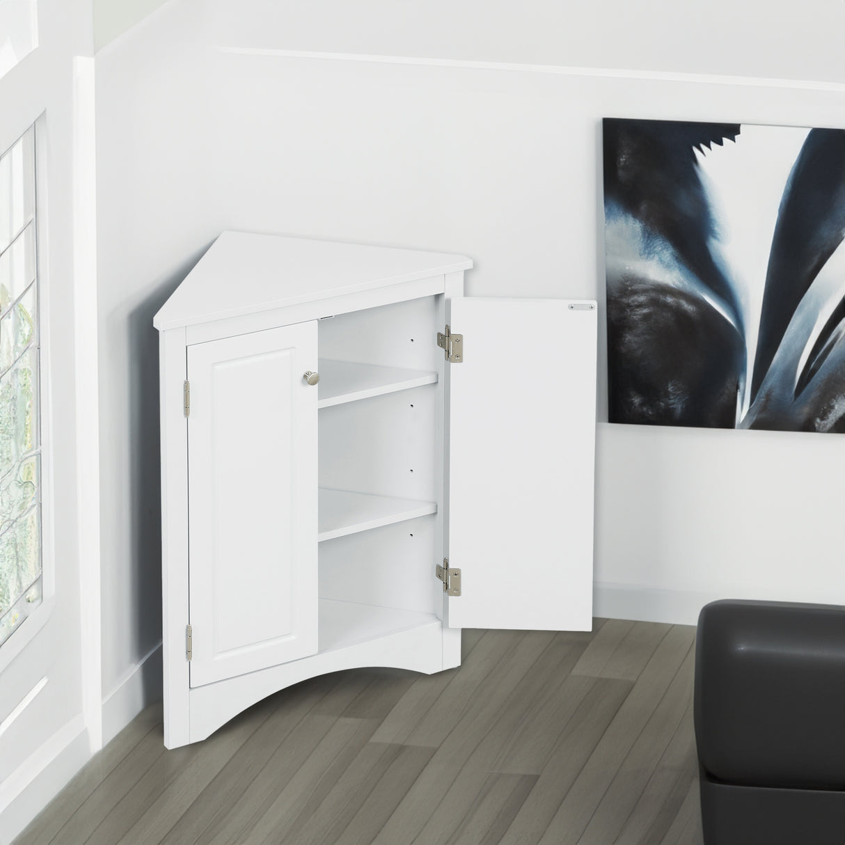 White Triangle Bathroom Storage Cabinet with Adjustable Shelves, Freestanding Floor Cabinet for Home Kitchen - V.I.P Digital Presence