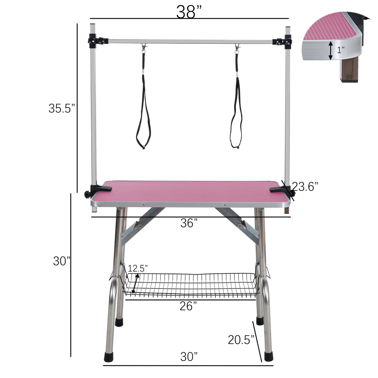 36 inch folding pet grooming table with stainless steel frame and rubber pad, equipped with adjustable armrests and clips (pink) - V.I.P Digital Presence