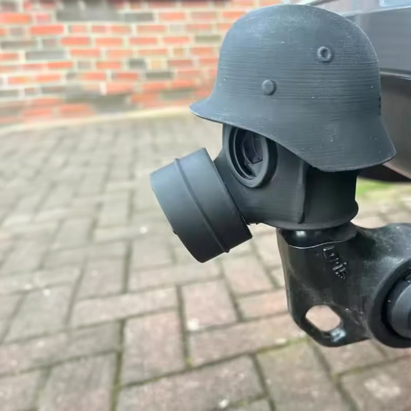 3D - printed trailer hitch cover with steel helmet and gas mask design. Protects the receiver tube from rusting. - V.I.P Digital Presence