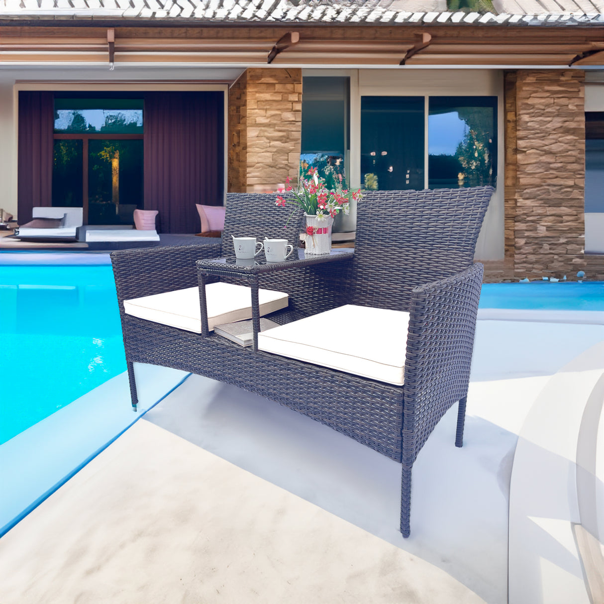 Wicker Patio Conversation Furniture Set Outdoor Furniture Set with Removable Cushions & Table - V.I.P Digital Presence