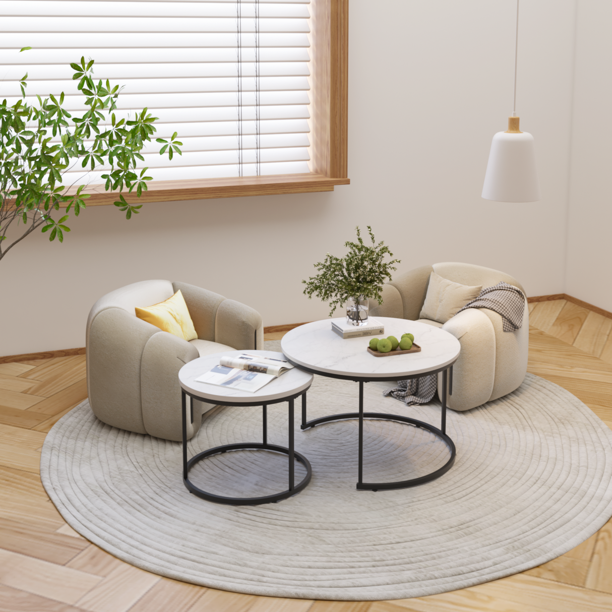 A set of nested 27.6-inch circular coffee tables with a wooden marble patterned tabletop and a sturdy metal frame (white) - V.I.P Digital Presence