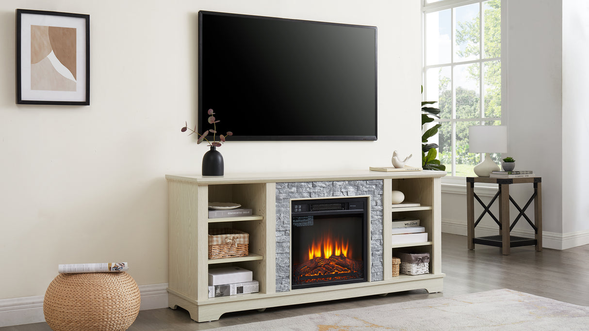 Mantel electric fireplace stone TV media stand, open storage console space, with 18 inch fireplace insert, white - V.I.P Digital Presence