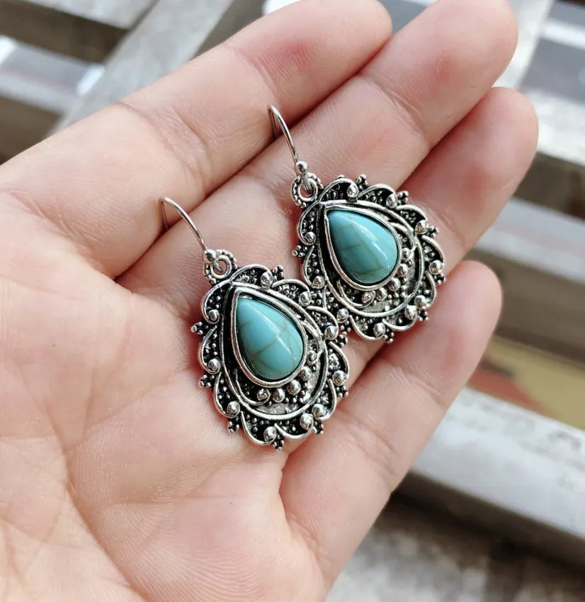 Artificial Turquoise Alloy Teardrop Dangle Earrings - V.I.P Digital Presence