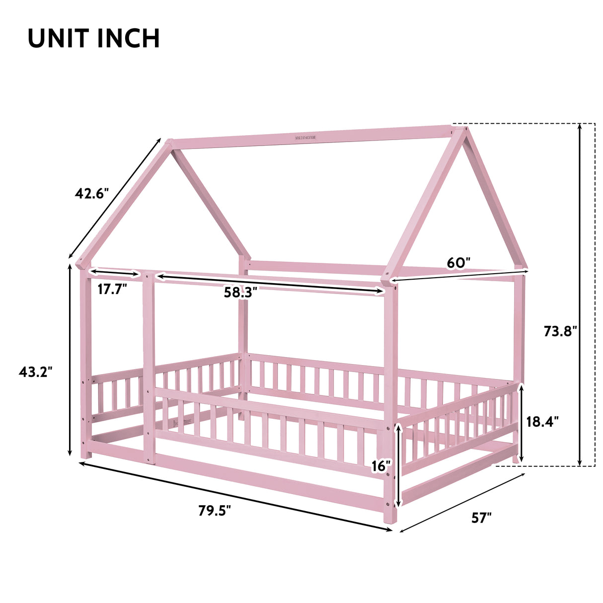 Full Size Floor Wooden Bed with House Roof Frame, Fence Guardrails ,Pink - V.I.P Digital Presence