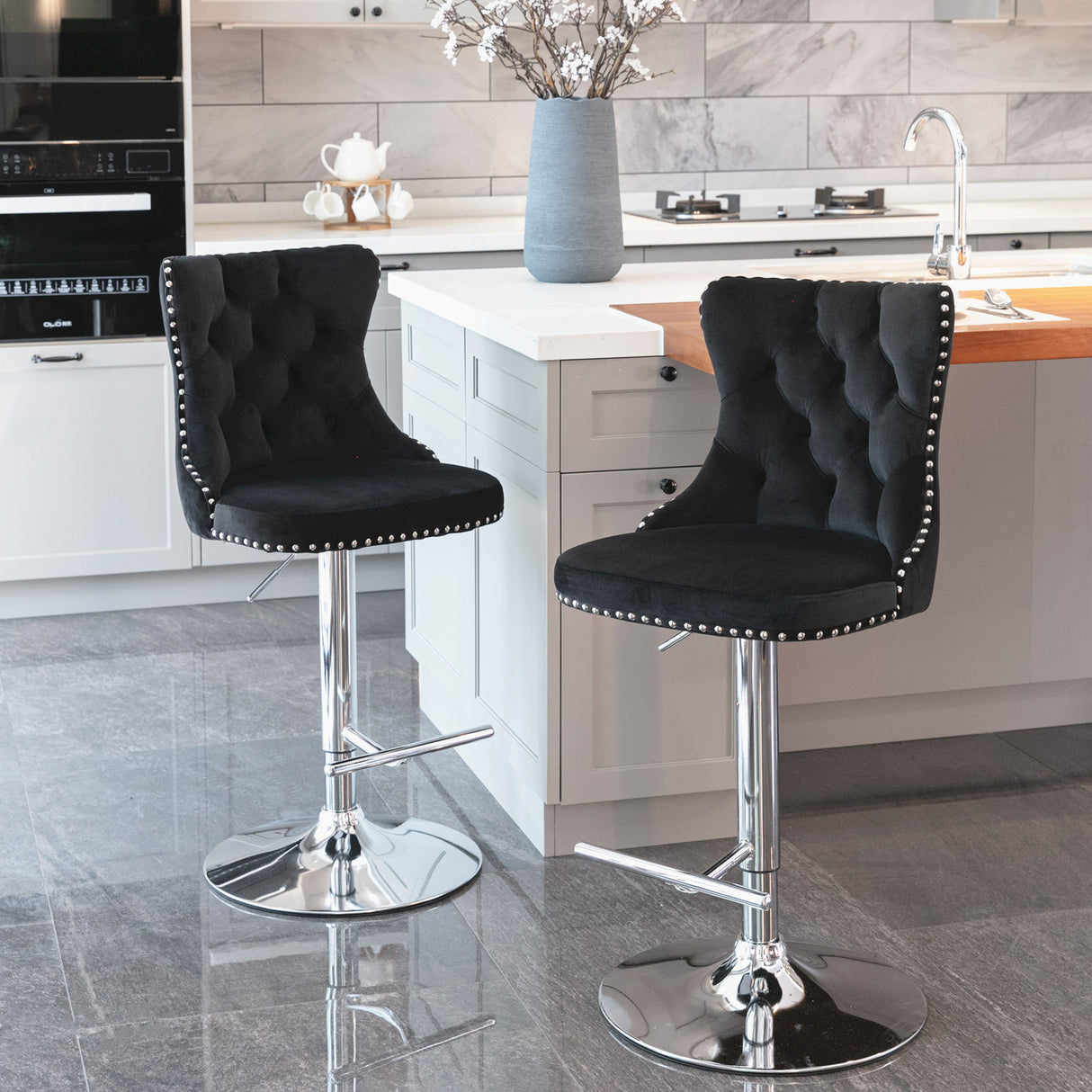 25-33 Inch, Modern Upholstered Chrome base Bar Stools with Back Comfortable Tufted for Home Pub and Kitchen Island(Black,Set of