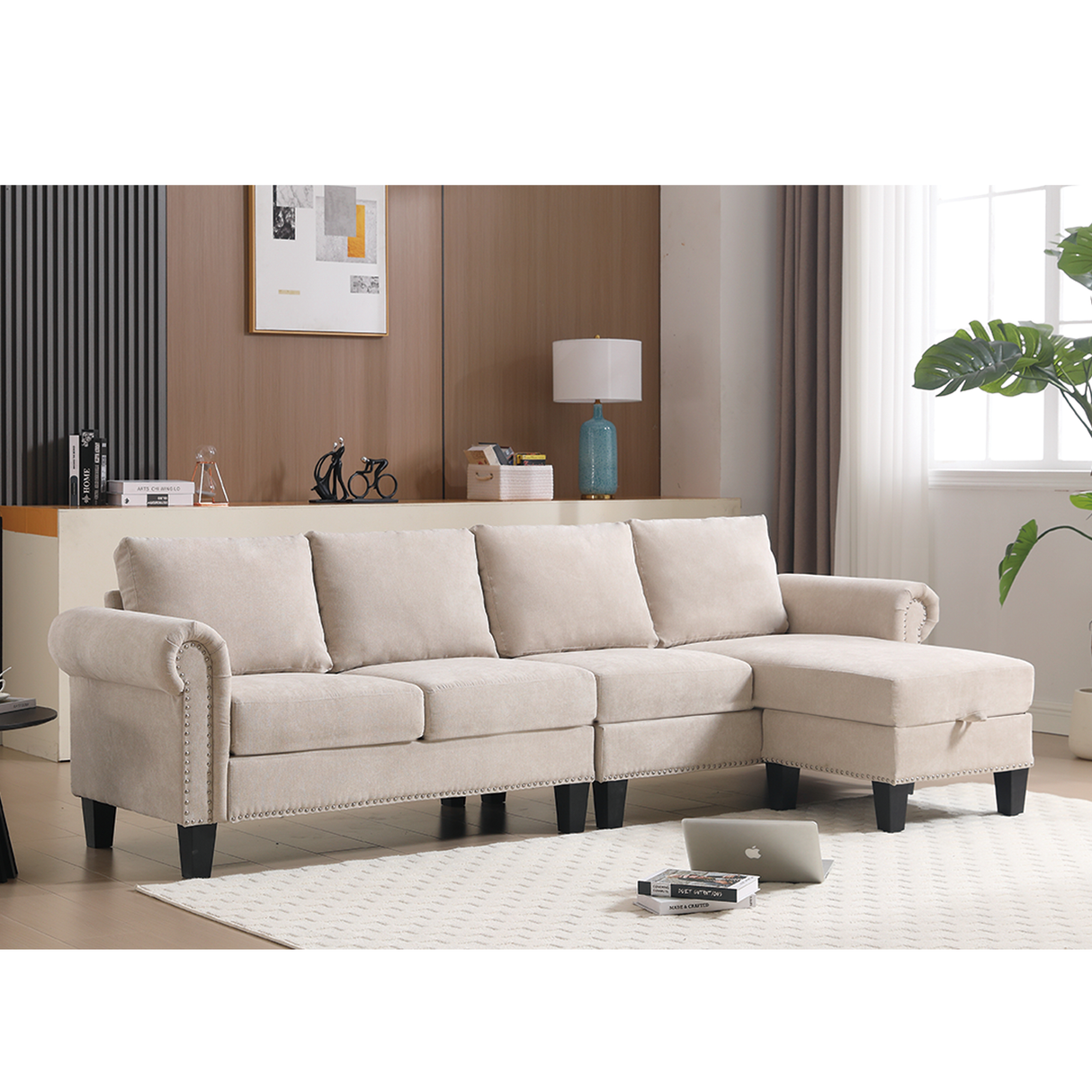 Convertible Sectional Sofa with Storage,L-shaped sofa,Four-seater sofa,Modern Linen Fabric Sectional Couches Beige - V.I.P Digital Presence