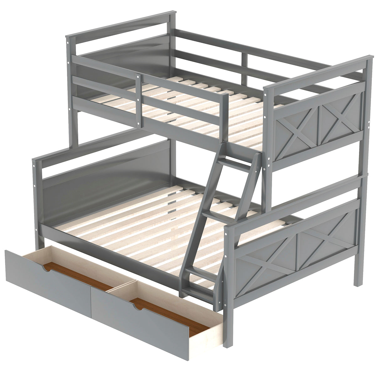 Twin over Full Bunk Bed with Ladder Two Storage Drawers Safety Guardrail Gray
