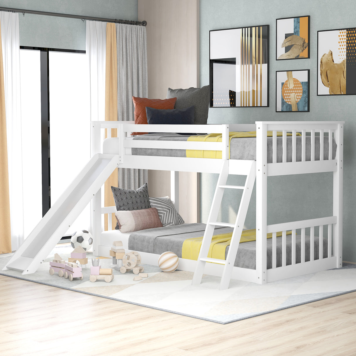 Twin over Twin Bunk Bed with Convertible Slide and Ladder White
