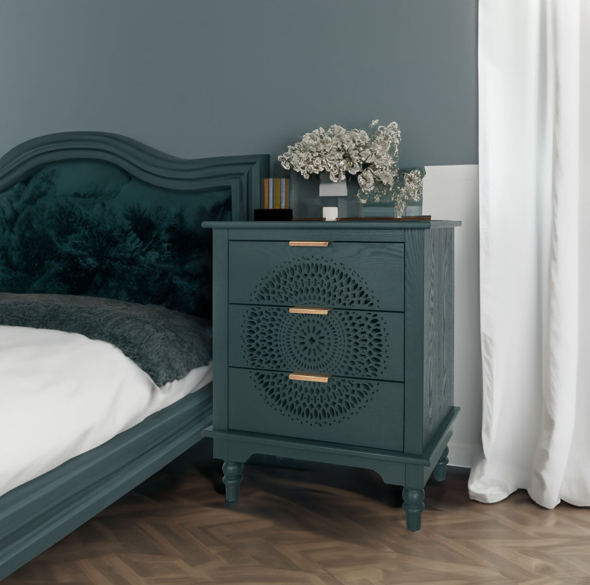 Hollow-Carved 3 Drawer Dresser Storage Chest with Metal Handles For Living Room Bedroom - V.I.P Digital Presence