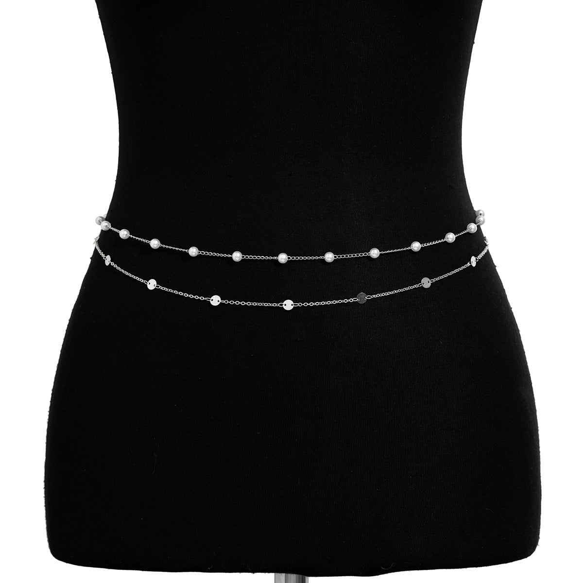 Double layered waist chain, geometric sequins, waist chain, beach party, imitation pearl body chain, fashionable - V.I.P Digital Presence
