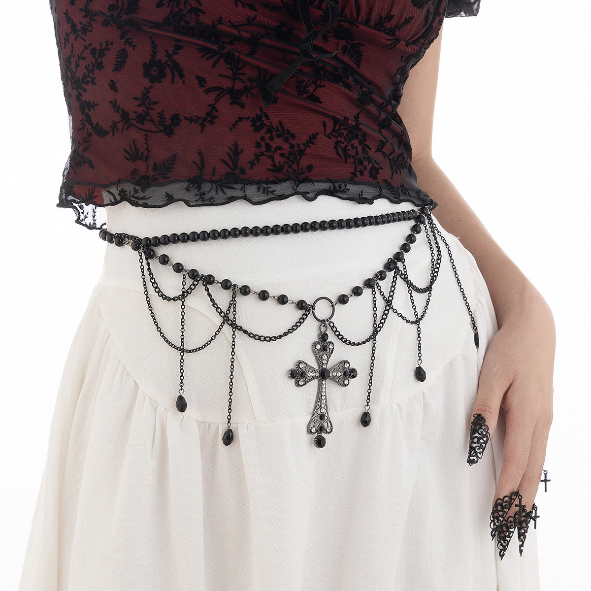 Dark Wind Cross Iron Chain Waist Chain Multi layer Versatile Tassel Crystal Body Chain Female - V.I.P Digital Presence