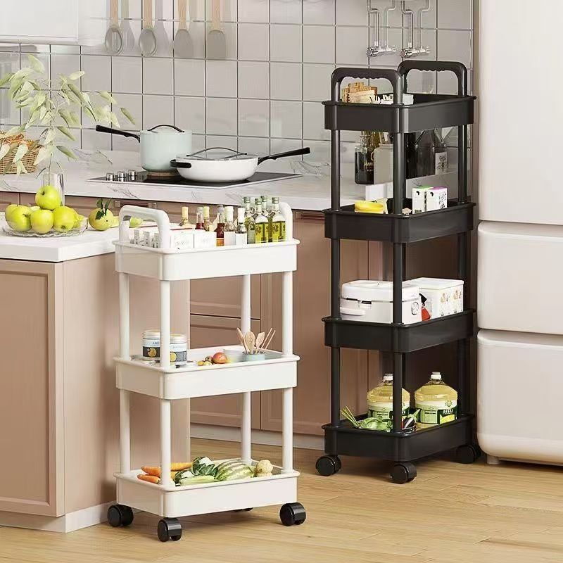 White rolling storage cart. Multifunctional, open shelves for books, ideal for kitchen & bedroom storage - V.I.P Digital Presence