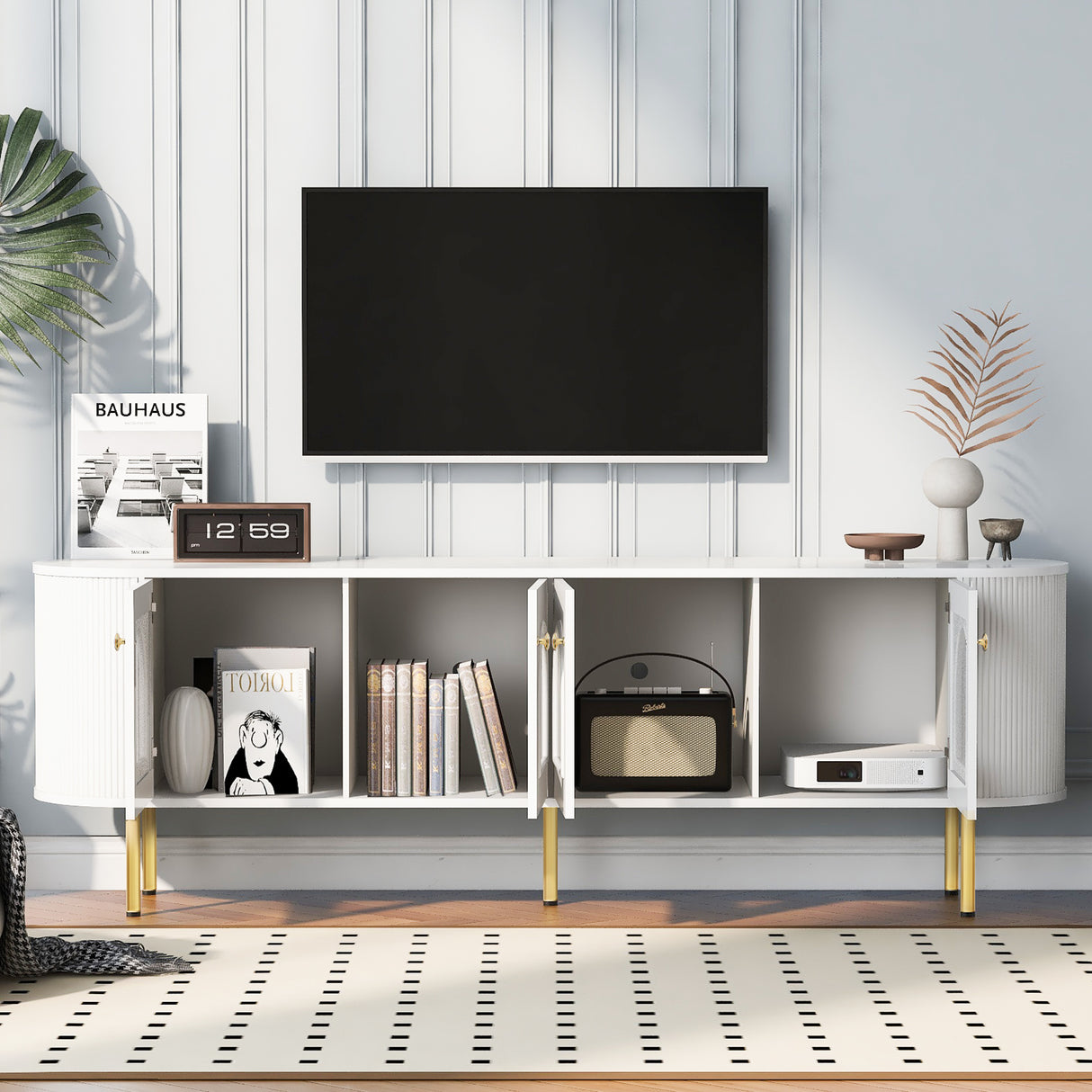 U-Can Modern TV Stand for TVs up to 80 Inches, Entertainment Center with 4 Cabinets, Wood with Metal Legs and Handles White - V.I.P Digital Presence