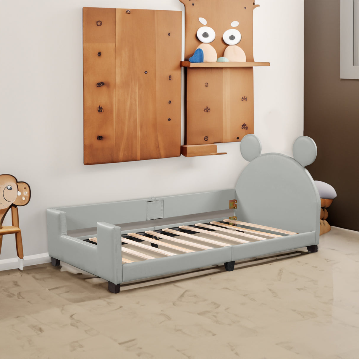 Twin Size Upholstered Daybed with Carton Ears Shaped Headboard Grey