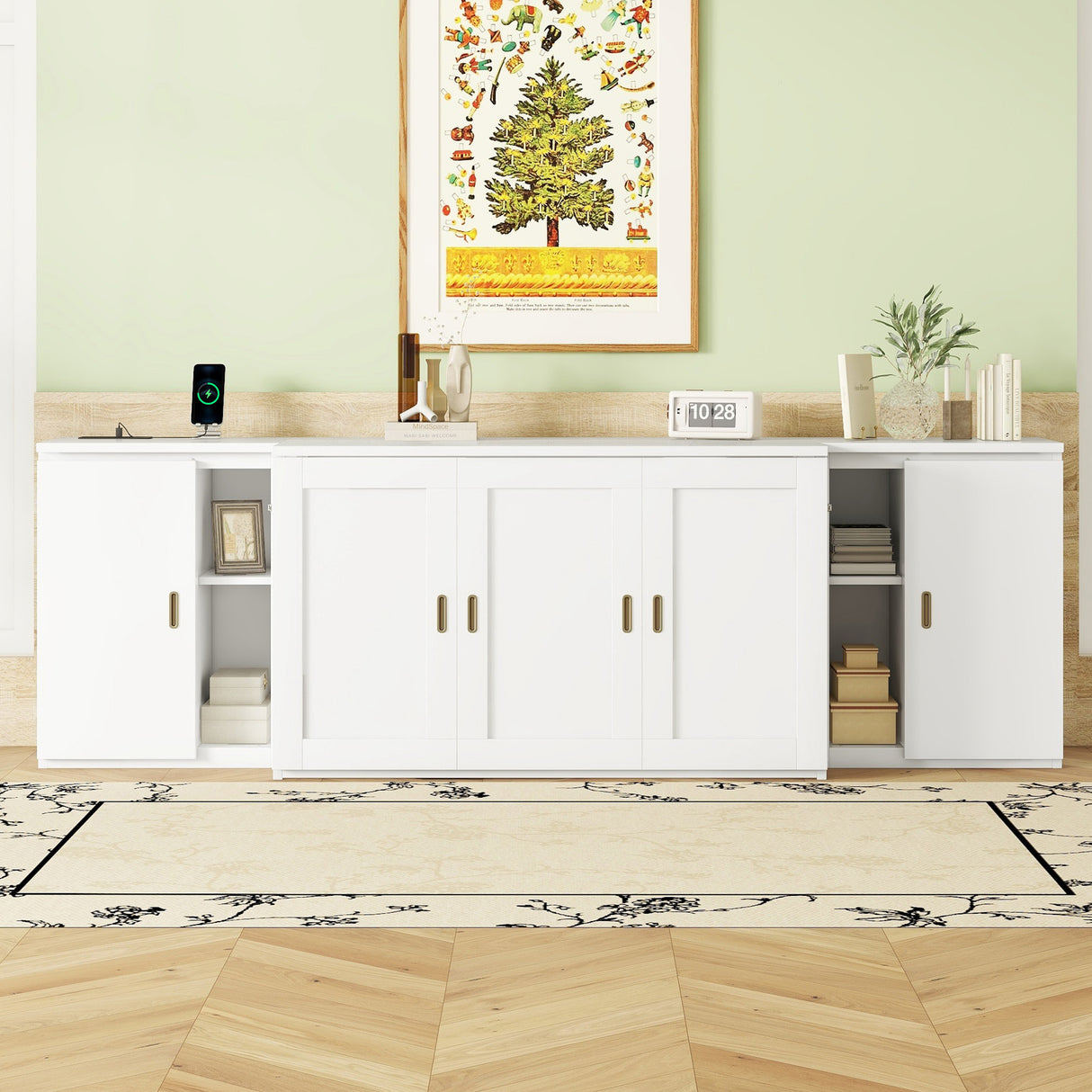 Full Size Murphy Bed with Shelves, Cabinets and USB Ports,White