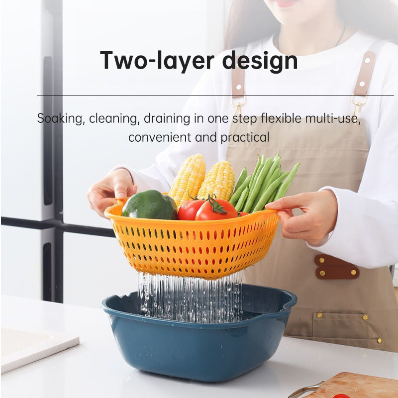 Six-Piece Set Of Multifunctional Kitchen Plastic Double Layer Household Basket Vegetable Washing Basket Large Drainage Basket - V.I.P Digital Presence