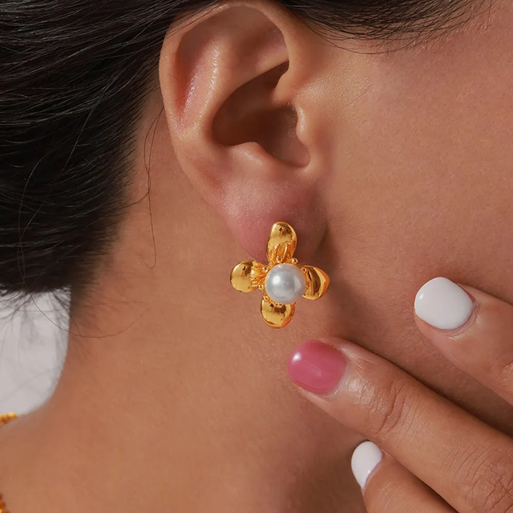 Synthetic Pearl Titanium Steel Flower Earrings - V.I.P Digital Presence