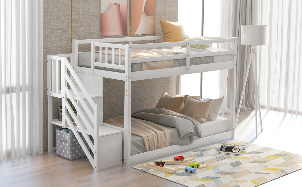 Twin over Twin Floor Bunk Bed, Ladder with Storage White