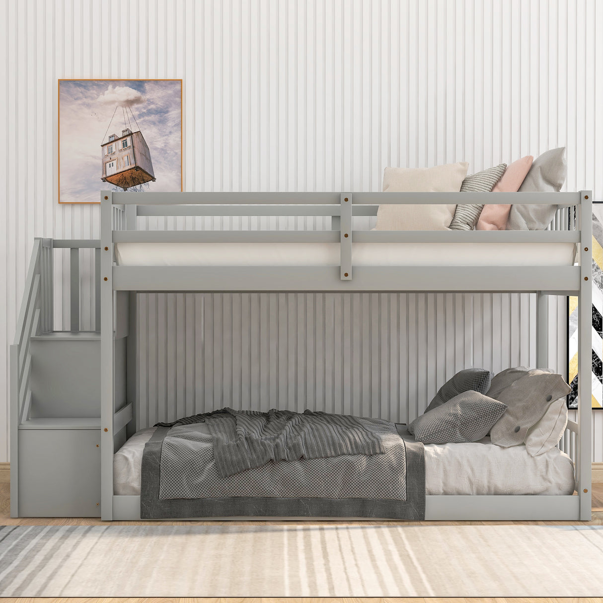 Twin over Twin Floor Bunk Bed, Ladder with Storage Gray