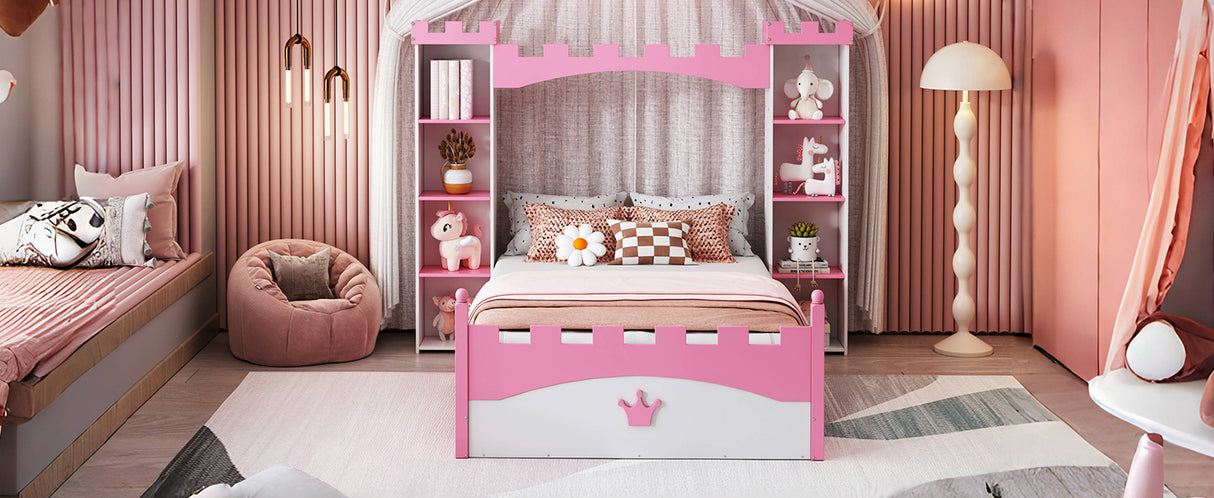Castle-Shaped Wooden Bed with Storage Shelf, Dreamy Twin Size Platform Bed for Kids Bedroom, White + Pink - V.I.P Digital Presence