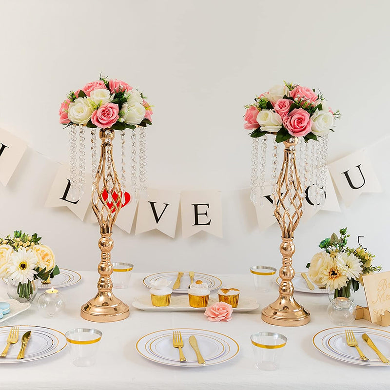 Wrought Iron Metal Flower Stand with Crystal Acrylic Beads Hanging Flower Arrangement, Gold-Plated Decoration for Wedding Tables - V.I.P Digital Presence