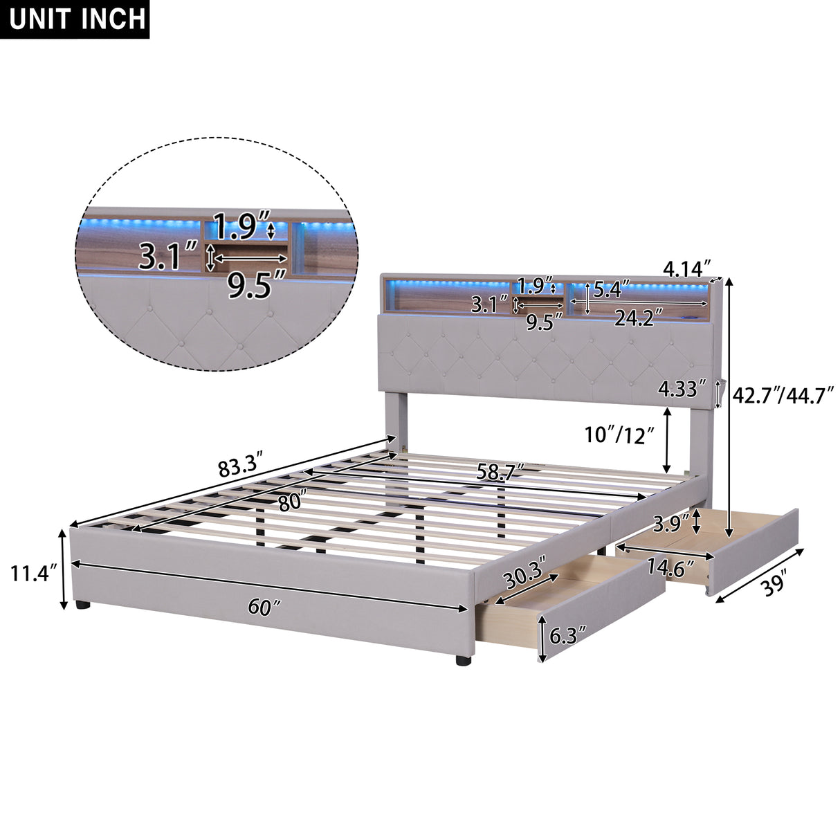 Queen Size Upholstered Platform Bed with Storage Headboard LED USB Charging and 2 Drawers Beige