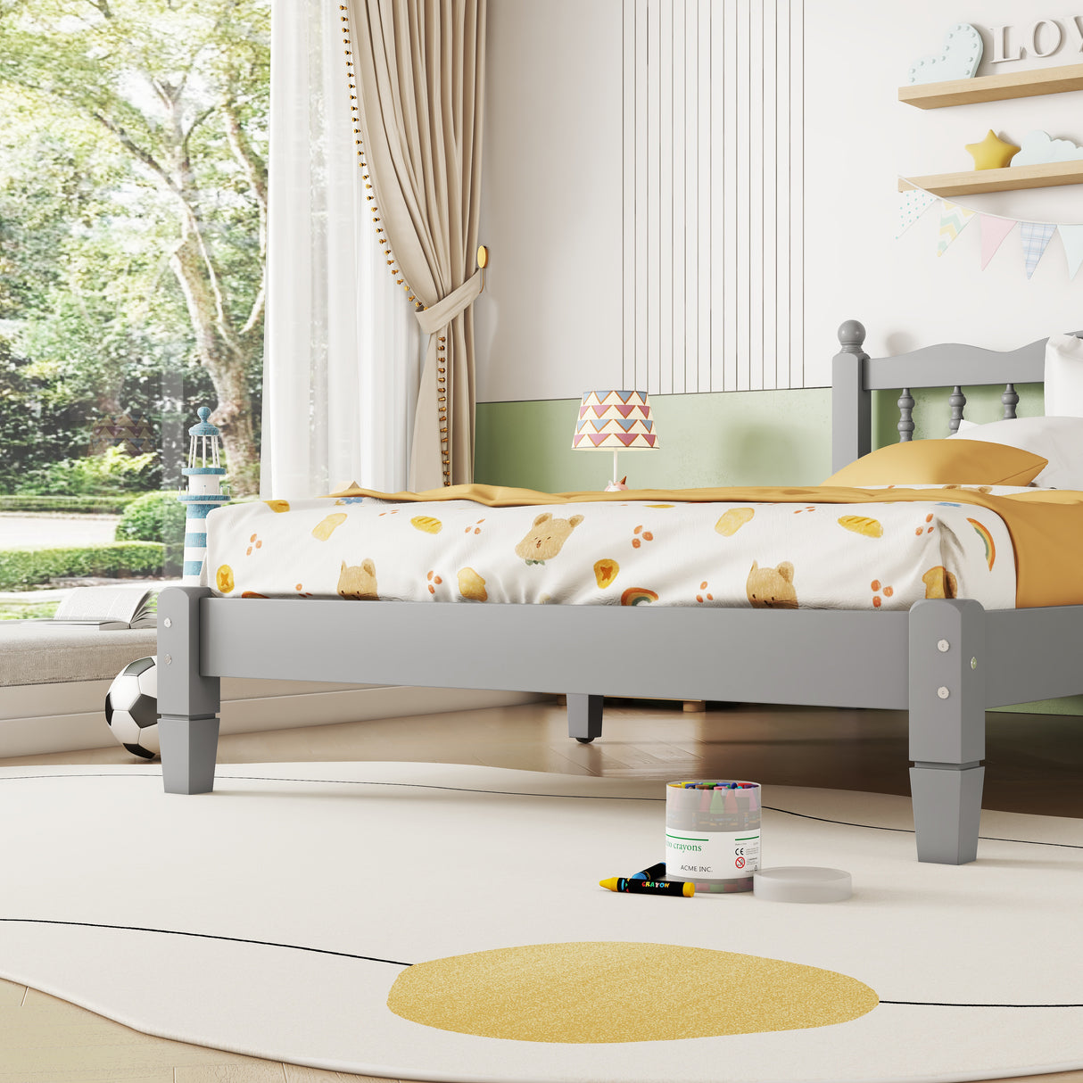 Twin Bed with Column-Decoration Headboard, with Bed Slats,Grey - V.I.P Digital Presence