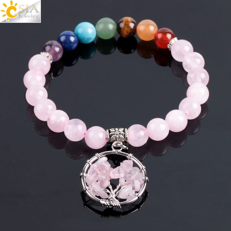 Women's natural colored pink crystal semi-precious stone bead bracelet pure handmade tree of life with pendant jewelry - V.I.P Digital Presence