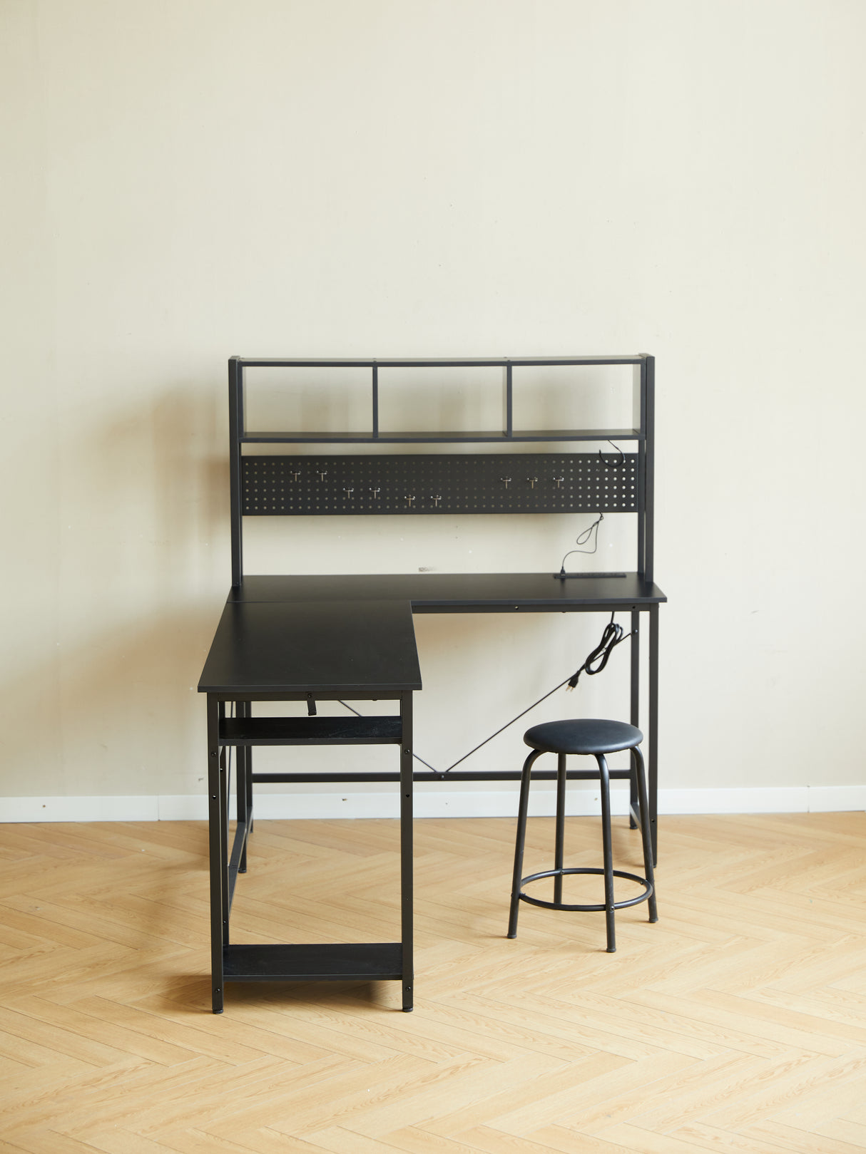 94.5 Inch Home Office Desk L shape gaming desk with LED storage Shelves METAL PANNEL and stool (BLACK) - V.I.P Digital Presence