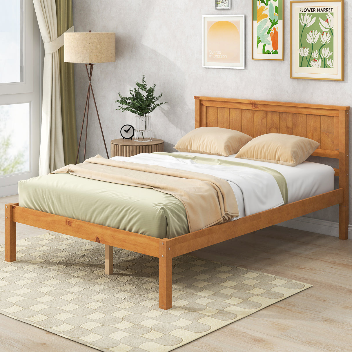 Platform Bed Frame with Headboard, Wood Slat Support No Box Spring Needed Full Oak
