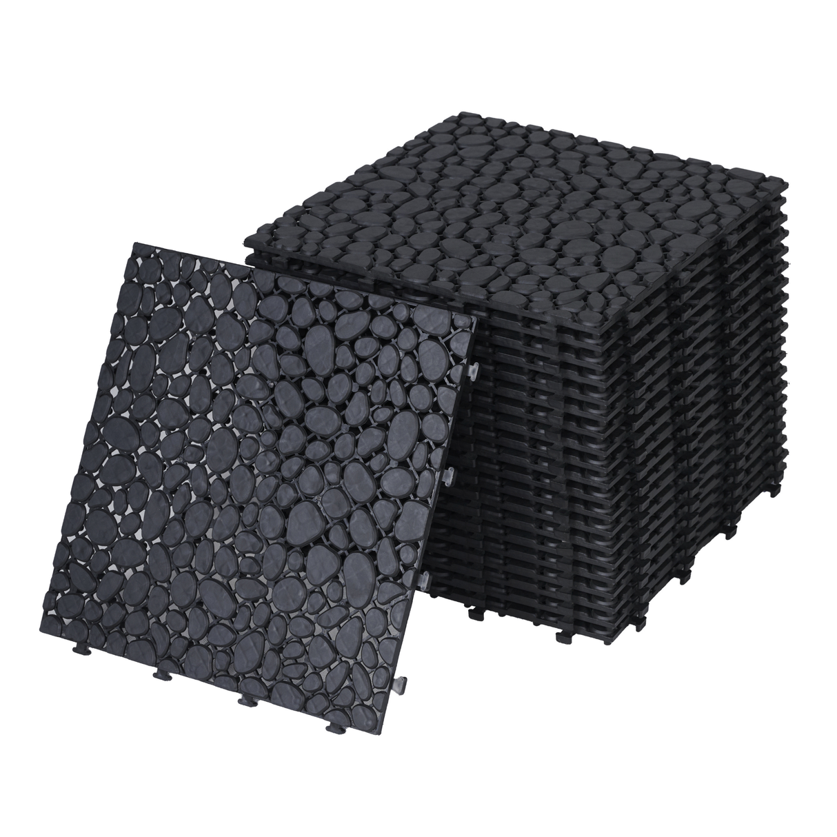 12 x 12 inch black interlocking deck tiles, plastic waterproofing, pebble pattern, pack of 12 - V.I.P Digital Presence