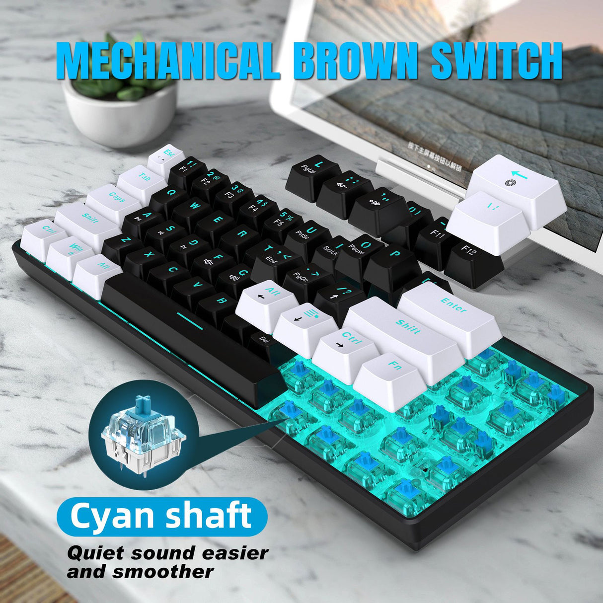 Mechanical keyboard 61 key short style small keyboard for office typing, black and white dual splicing ice blue backlit blue axis gaming keyboard - V.I.P Digital Presence