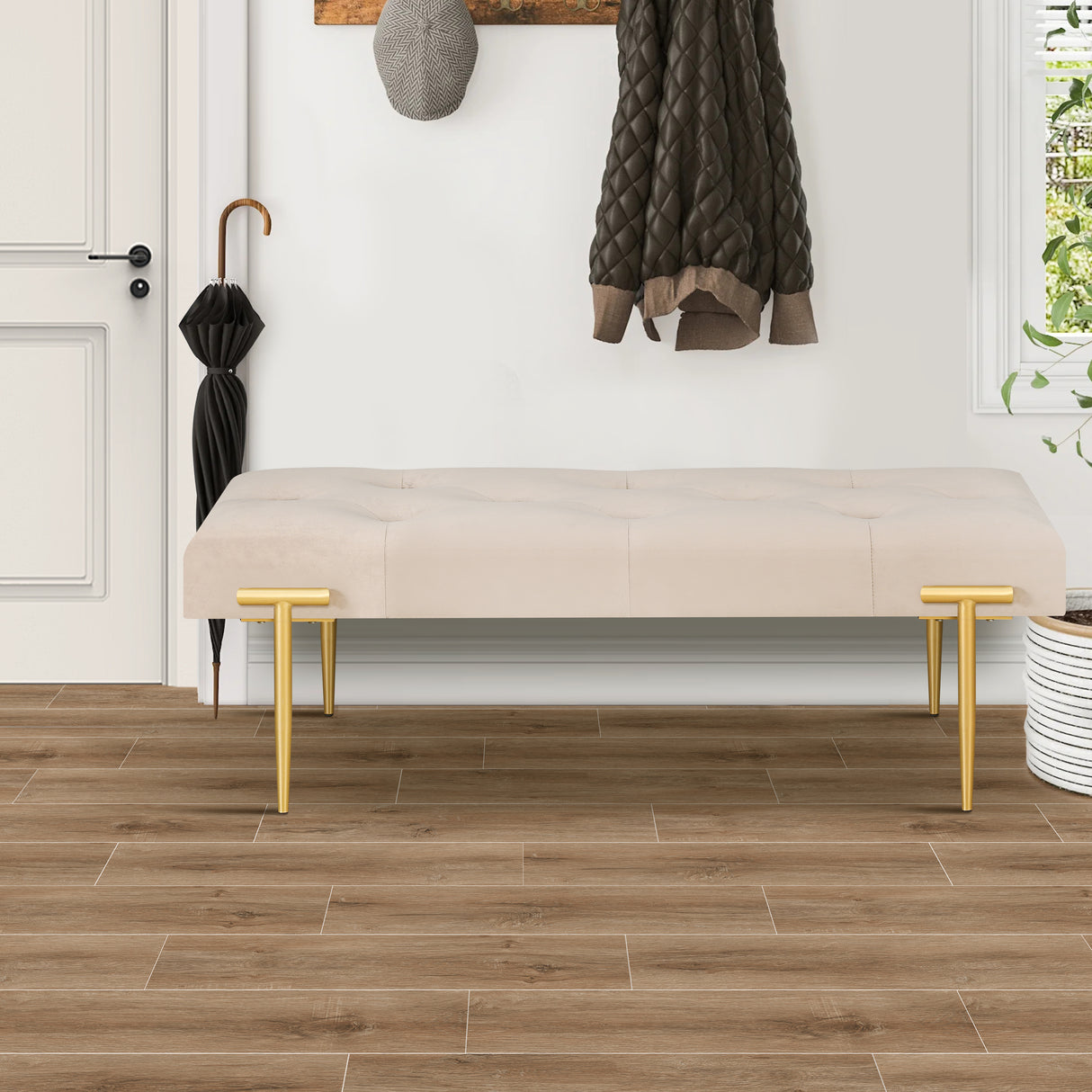 48'' Modern Ottoman Bench Velvet Bench Upholstered Footrest With Gold Metal Legs And Padded Seat For Bedroom Living Room - V.I.P Digital Presence