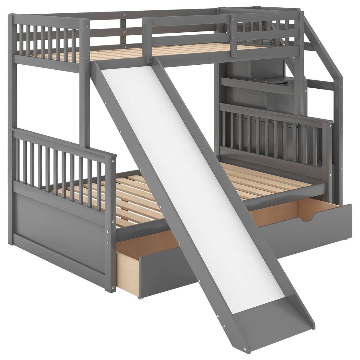 Twin over Full Bunk Bed with Drawers Storage and Slide Multifunction Gray