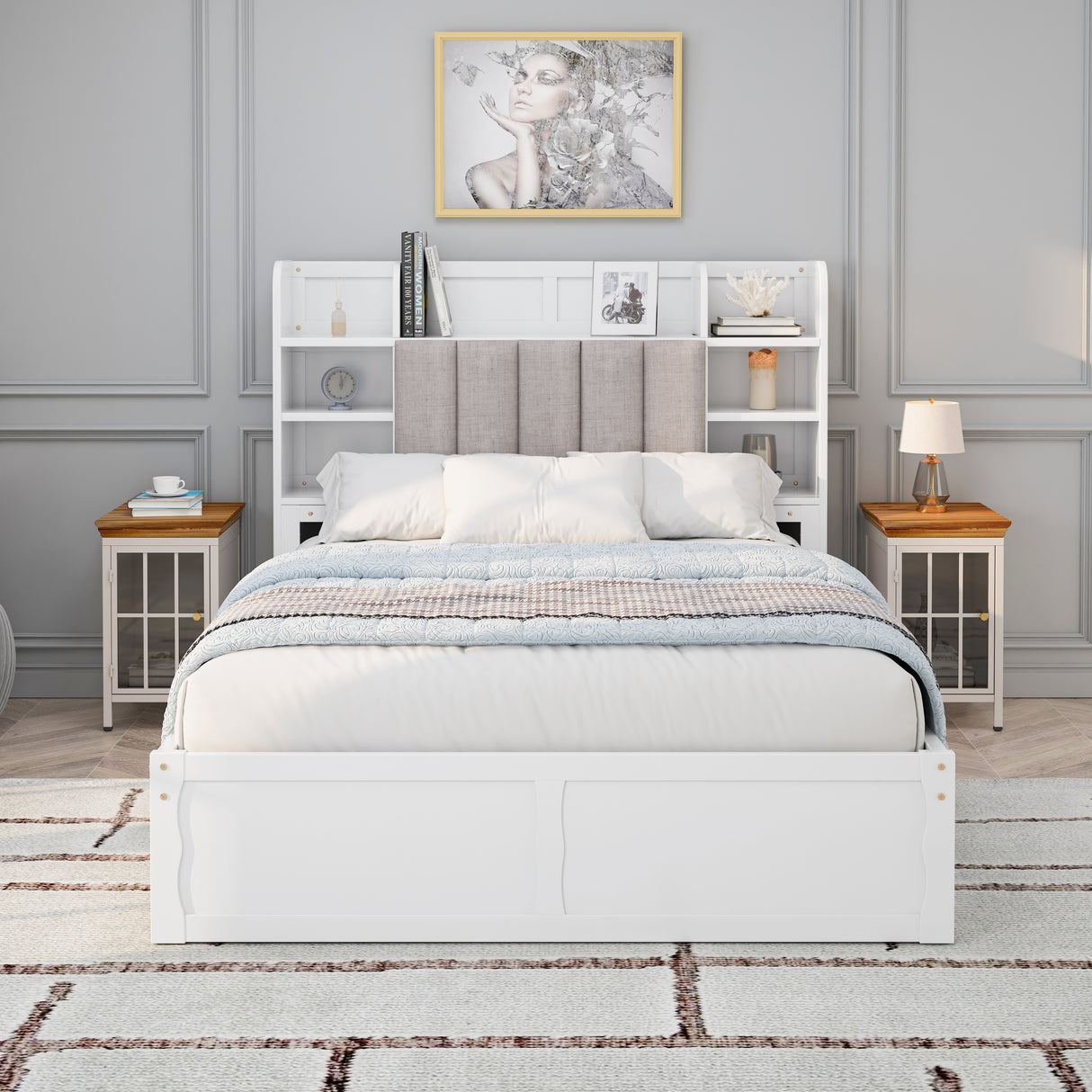 Multi-functional Full Size Bed Frame with 4 Under-bed Portable Storage Drawers and Multi-tier Bedside Storage Shelves White