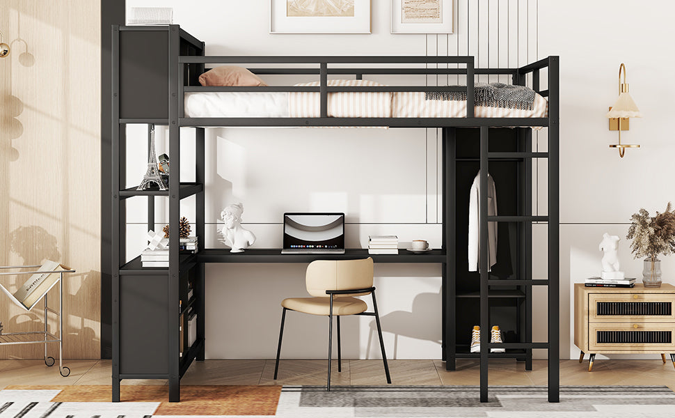 Metal loft bed with wardrobe and L-shaped desk, full-size loft bed with storage cabinet and shelf, heavy-duty loft bed, black - V.I.P Digital Presence