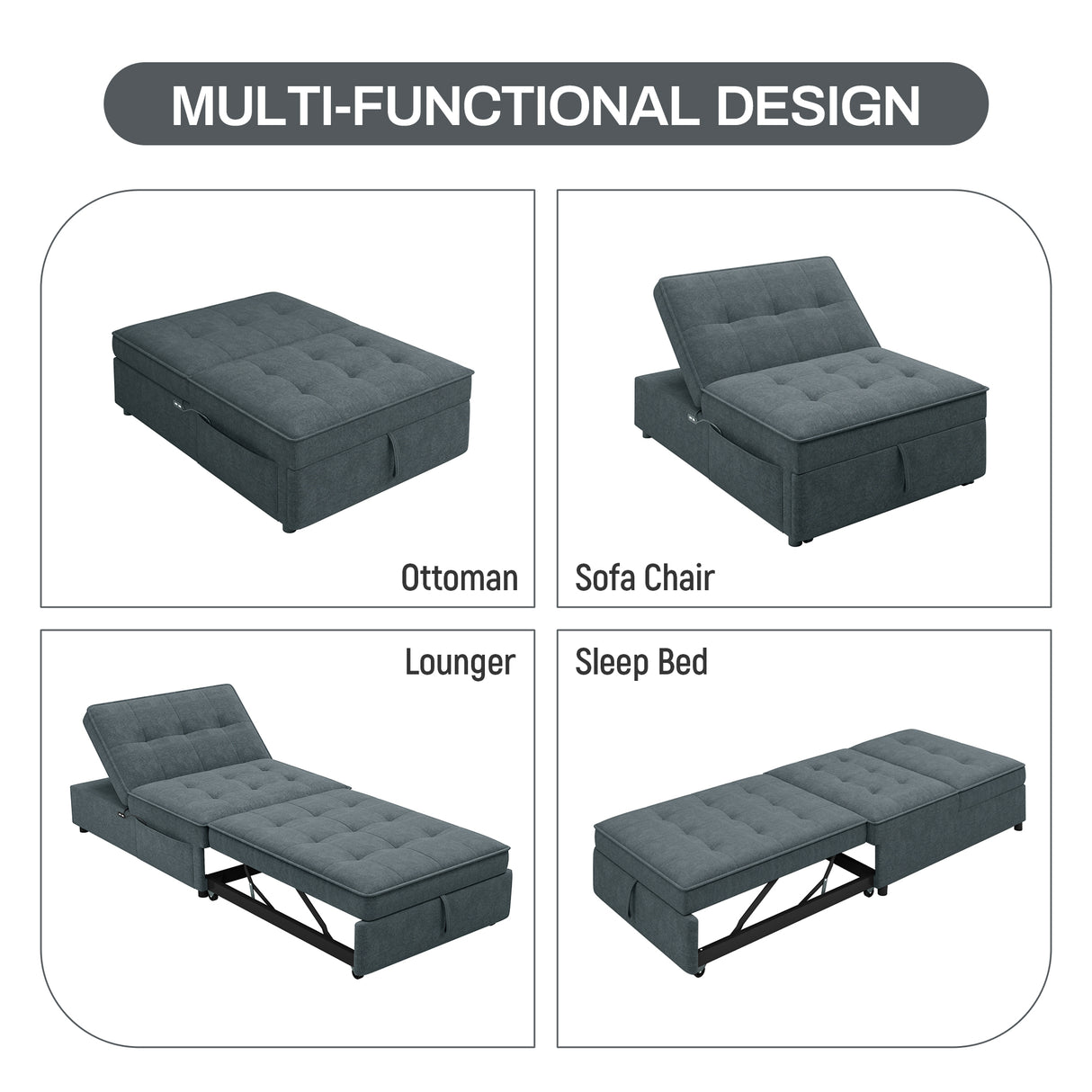 Four in one sofa bed, chair bed, multifunctional folding Ottoman bed with storage bag and USB port, dark blue - V.I.P Digital Presence