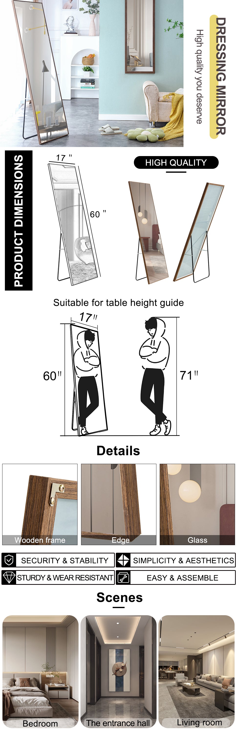 60x17 Brown Solid Wood Frame Full-length Mirror, Dressing Mirror, Bedroom Home Porch