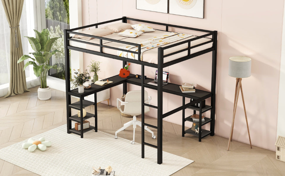 All metal loft bed with desk and shelf, loft bed with ladder and guardrail, black with black desk - V.I.P Digital Presence