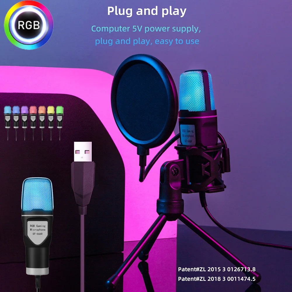 SF-666R condenser microphone RGB seven color luminous microphone with shock mount USB computer game - V.I.P Digital Presence