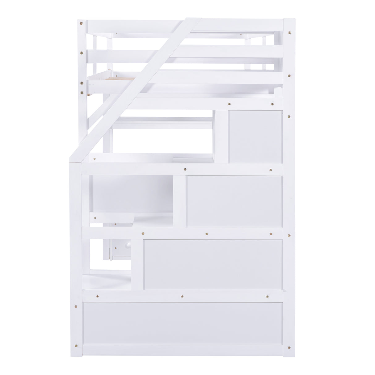Twin Size Loft Bed with Desk and Shelves Two Built-in Drawers Storage Staircase White