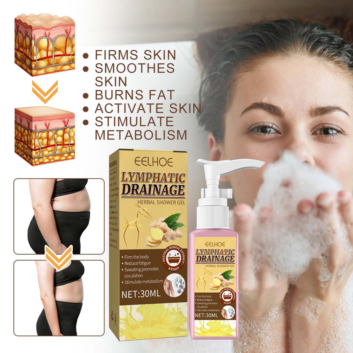 Lymphatic Drainage Herbal Shower Gel, Deep Cleaning, Waist Shaping, Body Shaping, Skin Tightening, Tummy Tightening And Ginger Essence Moisturizing - V.I.P Digital Presence