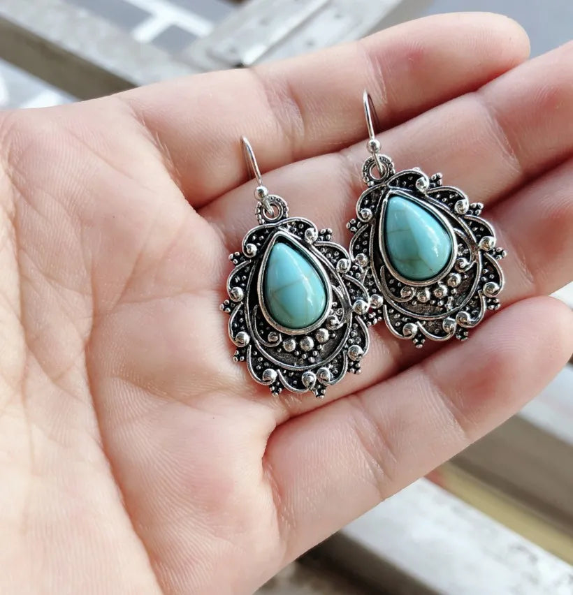 Artificial Turquoise Alloy Teardrop Dangle Earrings - V.I.P Digital Presence