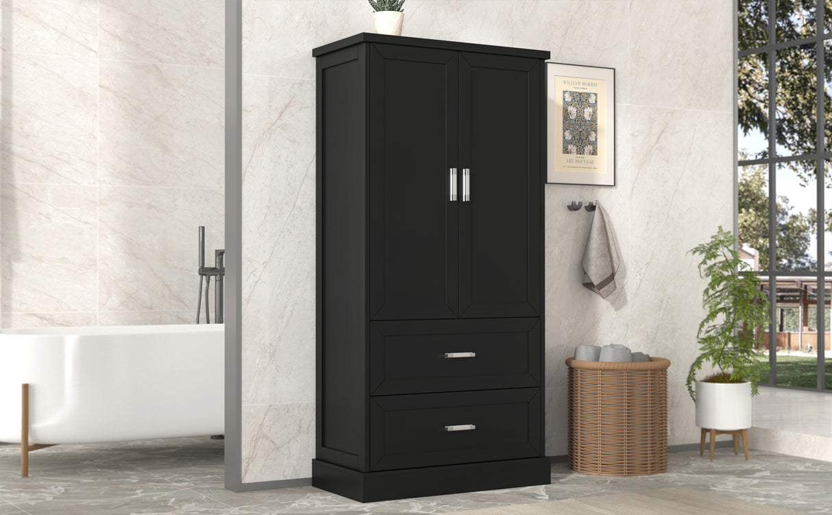 Tall Bathroom Storage Cabinet, Cabinet with Two Doors and Drawers, Adjustable Shelf, MDF Board, Black - V.I.P Digital Presence
